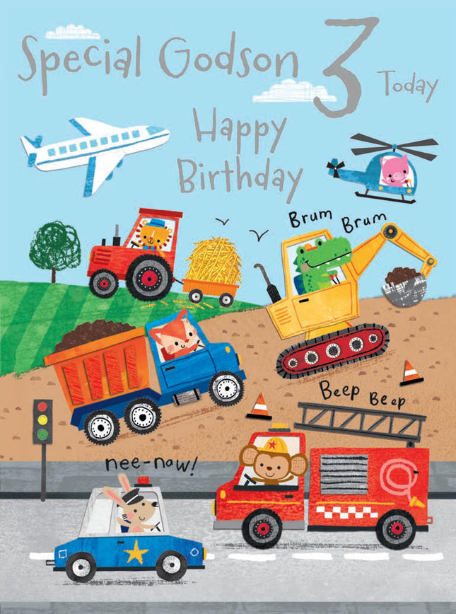 3rd Birthday Card for Godson - Age 3 Cute Animal & Vehicle Design with Trucks, Diggers & Emergency Transport - Premium Greeting Card with Envelope