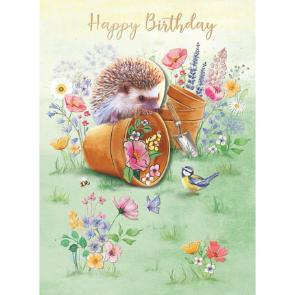 Birthday Card - Happy Birthday Card with Floral Garden and Hedgehog Design - Birthday Card for Women