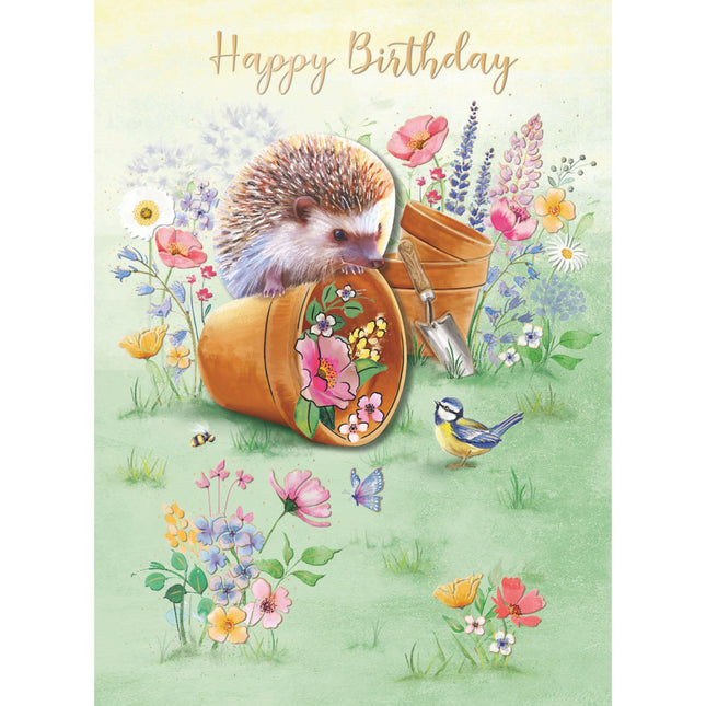 Birthday Card - Happy Birthday Card with Floral Garden and Hedgehog Design - Birthday Card for Women
