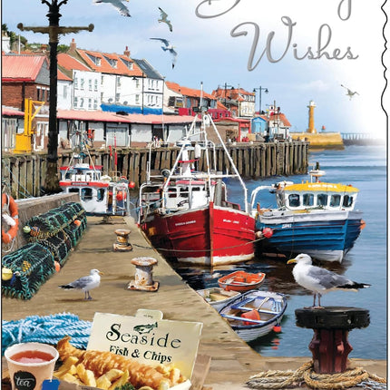 Birthday Card for Men – Fishing Boats Harbour Design