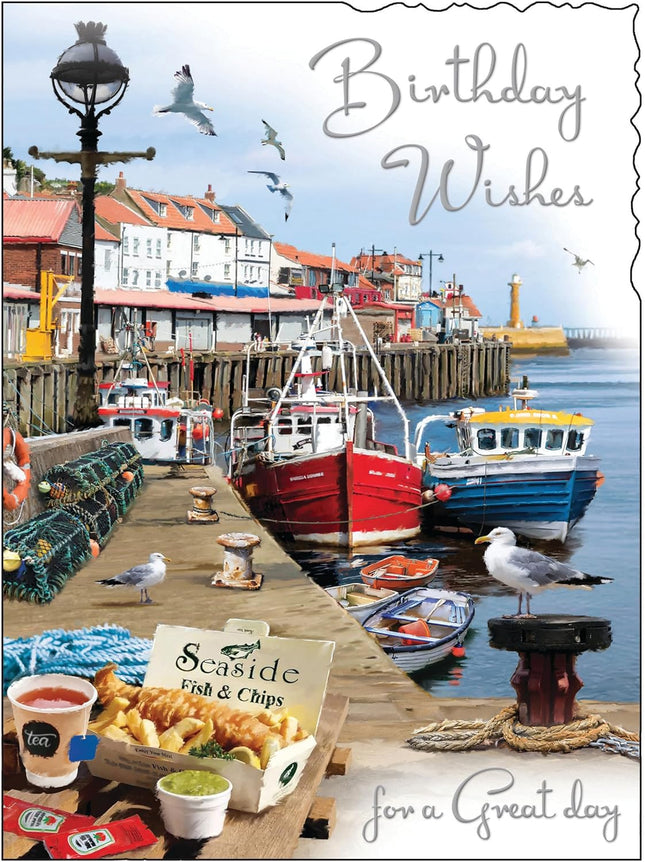 Birthday Card for Men – Fishing Boats Harbour Design