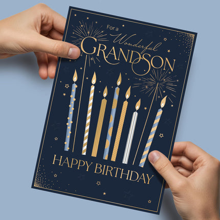 Birthday Card for Grandson - Charming Candles & Stars Design - Embossed Gold Foil Finish - Premium Greeting Card with Envelope