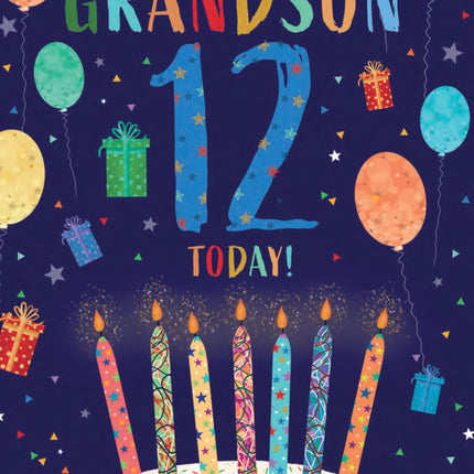 12th Birthday Card for Grandson - Age 12 Fun Cake & Balloons Design - Premium Greeting Card with Envelope