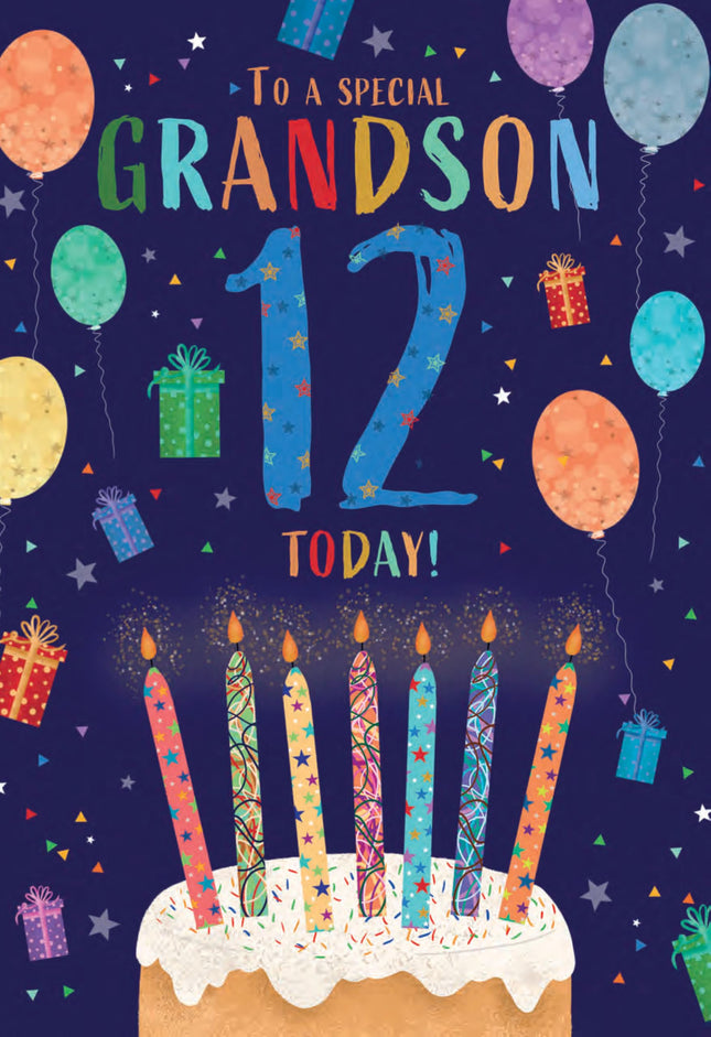 12th Birthday Card for Grandson - Age 12 Fun Cake & Balloons Design - Premium Greeting Card with Envelope