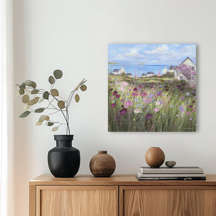 Artistic Coastal Scene Canvas Print - Summer Afternoon Painting by Diane Demirci - Contemporary Seaside Themed Artwork - Ready to Hang Home Decor - 40 x 40cm