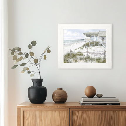 Artistic Coastal Framed Print – Beachfront Home & Seascape Picture - ‘The Beach House’ by Richard Macneil – Ready to Hang Wall Art - Seaside Themed Home Décor – 37cm x 31cm