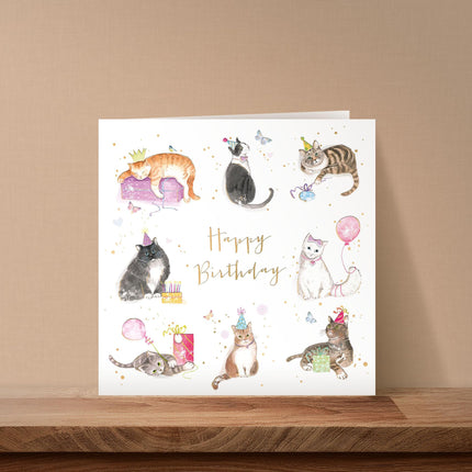 Birthday Card for Women - Cute Cats in Party Hats Design - Gold Foil Finish - Premium Greeting Card with Envelope
