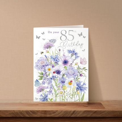 85th Birthday Card for Women - Age 85 Pretty Floral Butterflies & Bumblebees Design - Embossed Silver Foil Finish - Premium Greeting Card with Envelope