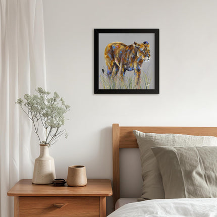 Lioness Framed Print Wall Art - 'Huntress' by Louise Luton - Safari Animal Themed Artwork - Ready to Hang Home Décor - 33.5cm x 33.5cm