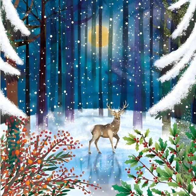 Charity Christmas Cards Pack of 10 - Festive Stag in Snowy Moonlit Forest - Premium Greeting Cards Multipack with Envelopes - Supporting UK Charities