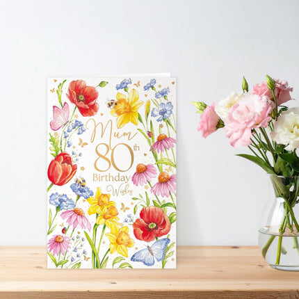 80th Birthday Card for Mum, Vibrant Floral Design