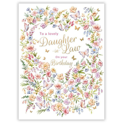 Daughter in Law Birthday Card - Delicate Floral and Butterfly Wreath Design - Embossed Foil Finish - Pretty Birthday Card for a Lovely Daughter in Law - For Her