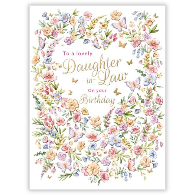 Daughter in Law Birthday Card - Delicate Floral and Butterfly Wreath Design - Embossed Foil Finish - Pretty Birthday Card for a Lovely Daughter in Law - For Her