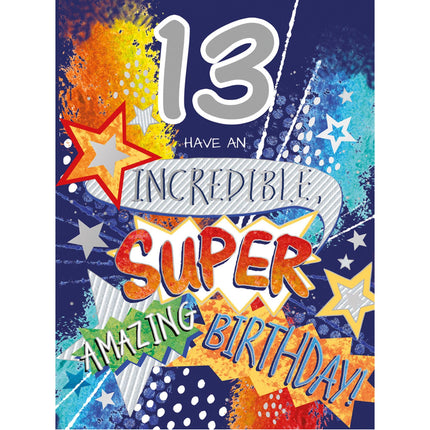Boys 13th Birthday Card - Colourful Stars Design - Incredible, Super, Amazing Birthday - Age 13 Happy Birthday Card for Teens