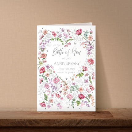 Anniversary Card for Both of You - Romantic Love Hearts & Roses Design - Embossed Silver Foil Finish - Premium Greeting Card with Envelope