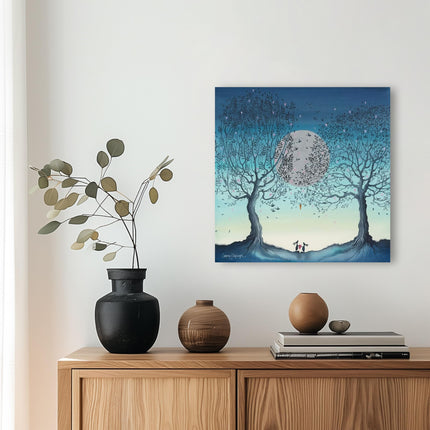 Rabbits, Trees & Moon Canvas Wall Art - 'Hope Moon II' by Catherine J Stephenson - Whimsical Love-Themed Animal Print - Ready to Hang Home Décor - 40cm x 40cm