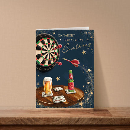 Birthday Card for Men - Sporty Darts & Beer Design - Embossed Gold Foil Finish - Premium Greeting Card with Envelope