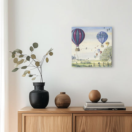Rabbits & Hot Air Balloons Canvas Wall Art - Artistic 'Bunny Balance' by Catherine Stephenson - Countryside Themed Artwork - Ready to Hang Quirky Home Décor - 30 x 30cm