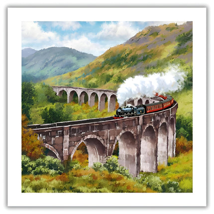 Birthday / Blank Greeting Card - Blank Card for Men with Watercolour Steam Train and Glenfinnan Viaduct in Inverness-shire - General Card Suitable for Any Occasion