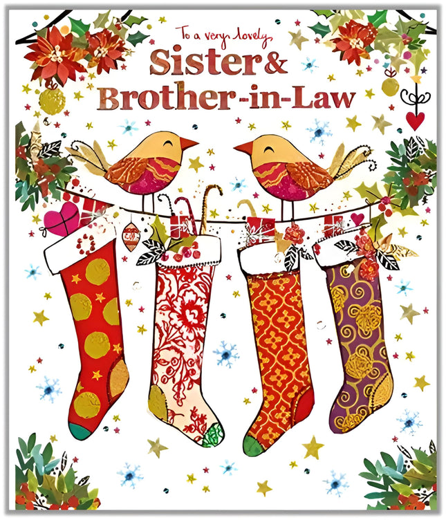 Sister and Brother-in-Law Christmas Card - Special Finishes - Festive Stockings and Robins - Made in the UK - Eco-Friendly