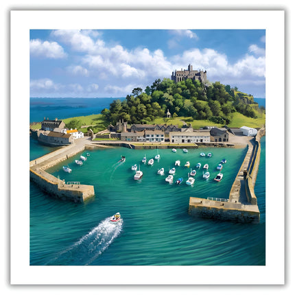 Birthday / Blank Greeting Card - Blank Card for Men / Women with St Michael's Mount, Cornwall Harbour Boats Design - General Card Suitable for Any Occasion