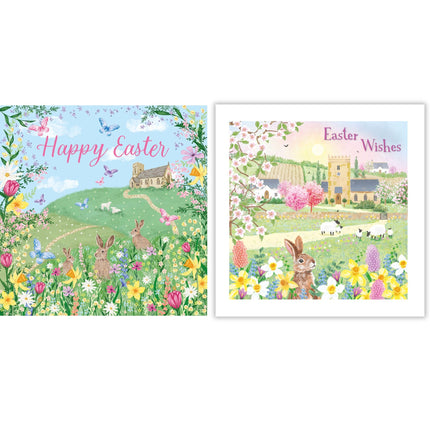 Easter Greeting Cards Pack of 6 - Happy Easter Cards with 2 Assorted Spring Countryside Designs - Church, Rabbits and Lambs - General Multipack for Family, Friends and Children - 127 x 127mm