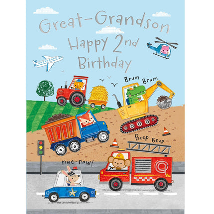 2nd Birthday Card for Great Grandson - Cute Animal & Vehicle Design with Trucks, Diggers & Emergency Vehicles - Age 2 Birthday Greeting Card for Boys