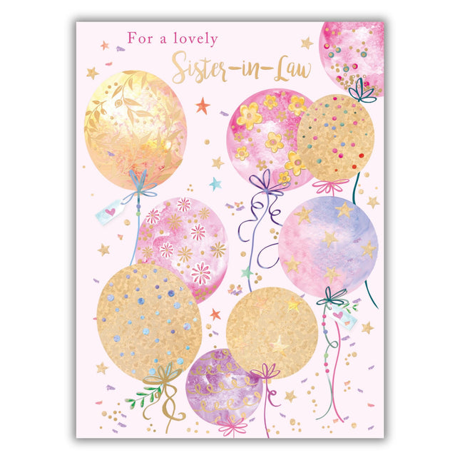 Birthday Card for Sister in Law - Floral Balloon Design - Embossed Foil Finish - Pretty Birthday Greeting Card for a Lovely Sister in Law - For Her