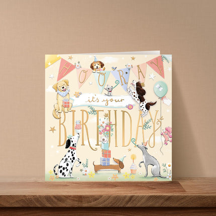 Birthday Card for Women - Adorable Dogs & Party Design - Embossed Gold Foil Finish - Premium Greeting Card with Envelope