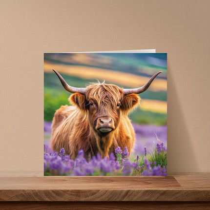 Blank Card for Women - Cute Highland Cow & Flowers - Premium Greeting Card with Envelope - Suitable For Birthdays & Other Occasions