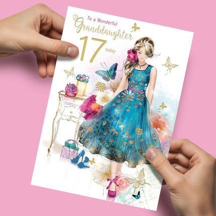 17th Birthday Card for Granddaughter - Age 17 Pretty Girl & Butterflies Design - Premium Greeting Card with Envelope