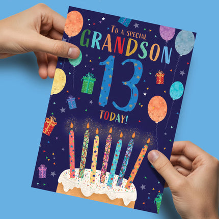 13th Birthday Card for Grandson - Age 13 Fun Cake & Balloons Design - Premium Greeting Card with Envelope