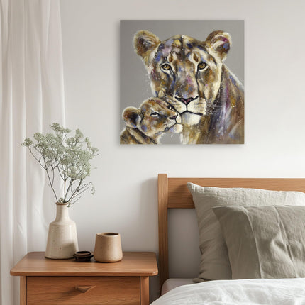 Artistic Lioness & Cub Canvas Wall Art - 'Majestic Bonds' by Louise Luton - African Animal Themed Artwork - Ready to Hang Home Décor - 40cm x 40cm