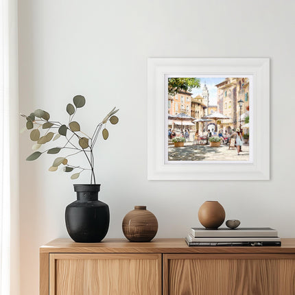 Mediterranean Street Cafe Framed Print Wall Art - ‘Courtyard Cafe I’ by Richard Macneil - Rustic Town Picture - Ready to Hang Home Décor - 41cm x 41 cm
