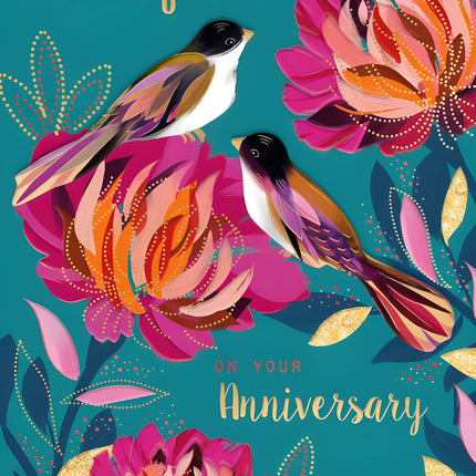 Anniversary Card - Happy Anniversary Card with Contemporary Flowers and Birds Design and Embossed Foil and Embellishments - Anniversary Card for a Special Couple