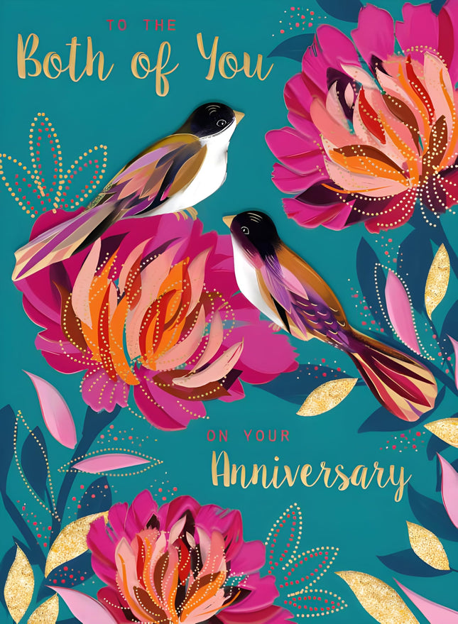 Anniversary Card - Happy Anniversary Card with Contemporary Flowers and Birds Design and Embossed Foil and Embellishments - Anniversary Card for a Special Couple
