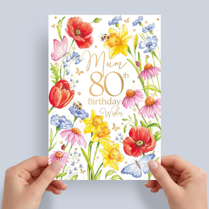 80th Birthday Card for Mum, Vibrant Floral Design