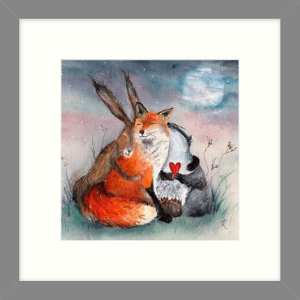 Fox, Hare and Badger Framed Print - Peace and Huggles Painting by Sarah Reilly - Contemporary Animal Themed Artwork - 43.5 x 43.5 cm
