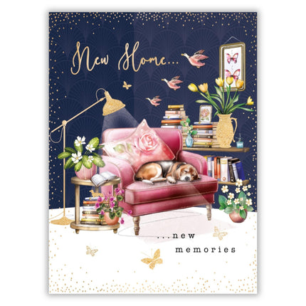 New Home Card - Stylish Dog and Book Design - Embossed Foil Finish - New Home Greeting Card for Friends or Family