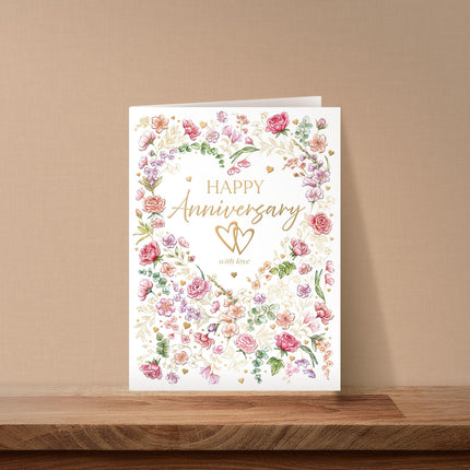 Congratulations Anniversary Card - Romantic Floral Love Heart Design - Embossed Gold Foil Finish - Premium Greeting Card with Envelope
