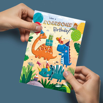 Birthday Card for Boys - Cute Roarsome Dinosaurs & Balloons Design - Embossed Silver Foil Finish - Premium Greeting Card with Envelope