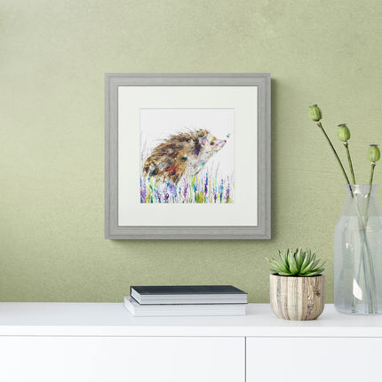 Hedgehog and Bumble Bee Framed Print - Lavender Painting by Nicola Jane Rowles - Contemporary Animal Themed Artwork - 35 x 35 cm