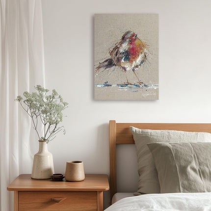 Red Robin Canvas Print Wall Art - Artistic 'Thinking of You' by Nicola Jane Rowles - Charming Garden Bird Print - Ready to Hang Home Décor Painting - 30 x 40cm