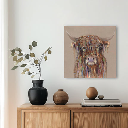 Artistic Highland Cow Canvas Wall Art - 'Bold Cow' by Louise Luton - Farm Animal Themed Artwork - Ready to Hang Home Décor - 40cm x 40cm