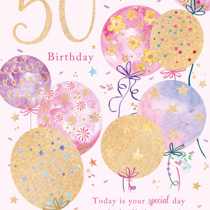 50th Birthday Card for Women - Floral Balloon Design - Embossed Foil Finish - Age 50 Birthday Greeting Card for Her
