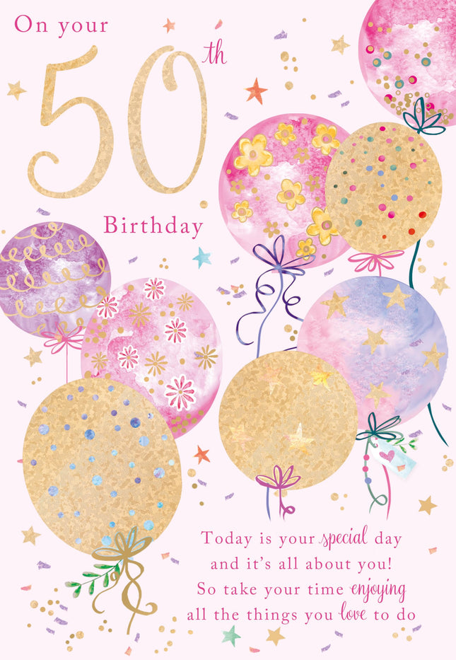 50th Birthday Card for Women - Floral Balloon Design - Embossed Foil Finish - Age 50 Birthday Greeting Card for Her