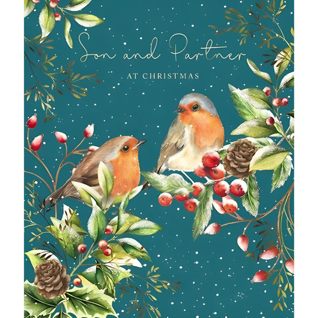 Son and Partner Christmas Card - Robins on Berry Branches - Artistic Festive Design - Special Finish - Made in the UK - Eco-Friendly