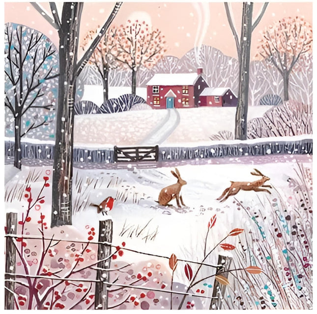 Charity Christmas Cards Pack of 6 - Charity Christmas Cards with Leaping Hares in the Snow Design - Eco-Friendly Xmas Cards Multipack with Envelopes
