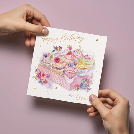 Birthday Card for Women - Pretty Cupcakes & Flowers Design - Premium Greeting Card with Envelope