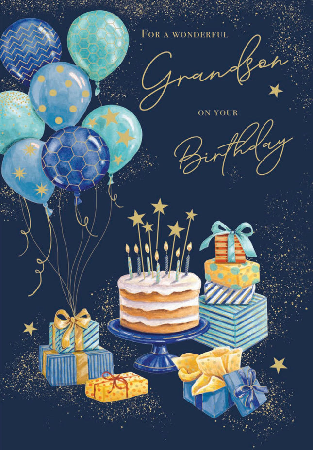 Birthday Card for Grandson - Fun Balloons & Cake Design - Premium Greeting Card with Envelope